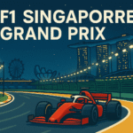 A cartoon-style digital illustration of the Formula 1 Singapore Grand Prix at night. The Marina Bay Street Circuit is lit by floodlights, with a red F1 car racing on the track. The Singapore skyline, Marina Bay Sands hotel, and Singapore Flyer Ferris wheel are visible in the background, with The AI Sports Dad logo in the corner.