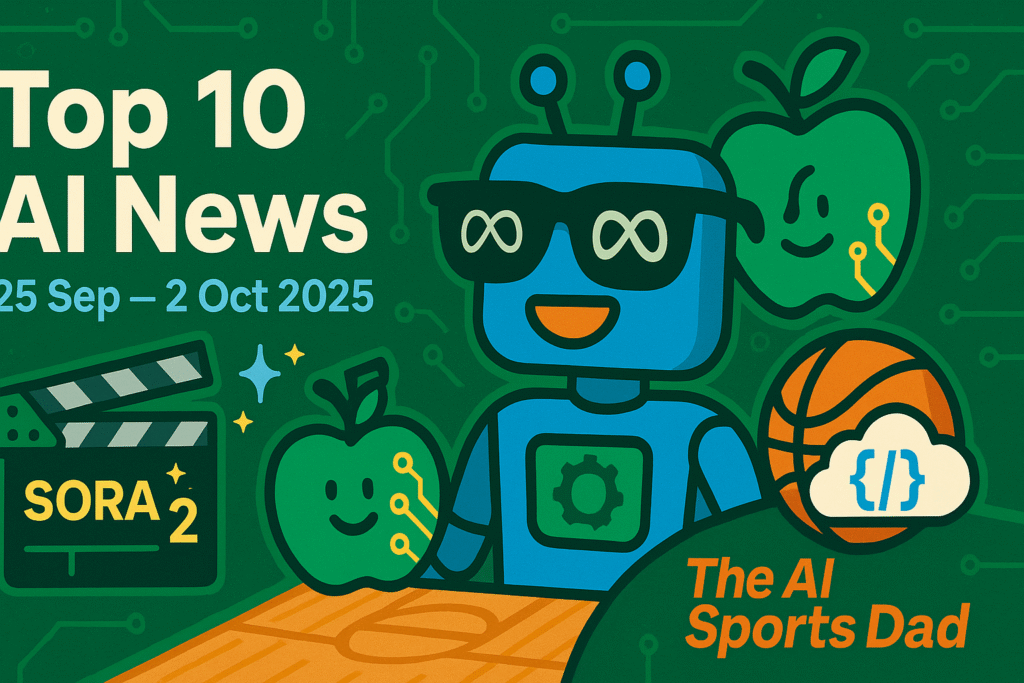 Cartoon hero banner: ‘Top 10 AI News, 25 Sep–2 Oct 2025’ with AISD robot, smart glasses, ‘SORA 2’ clapperboard, smiling apple, and basketball + cloud/code on a green circuit backdrop.