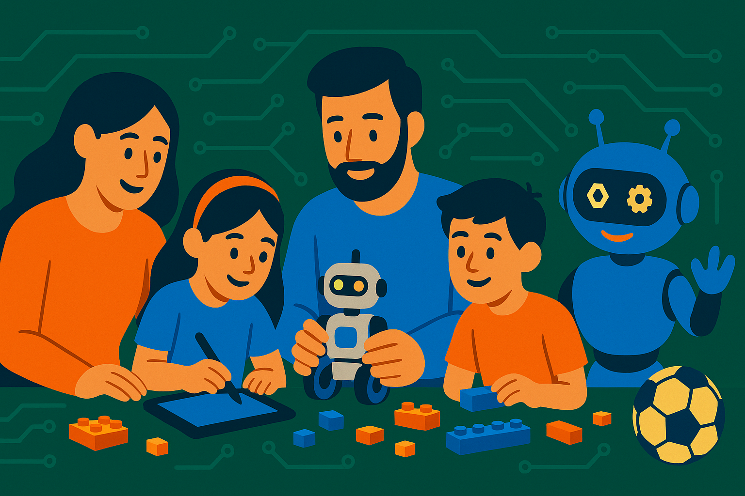 “Cartoon family gathered around a coffee table building a small robot, sketching on a tablet and trying VR, with a friendly AI bot nearby; clean shapes in AISD green, blue and orange, circuit-pattern backdrop