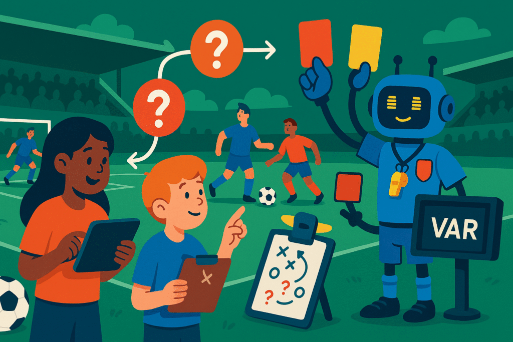 Kids on the touchline plan choices while a friendly robot referee shows cards beside a VAR screen during a blue-kit match on a green pitch.