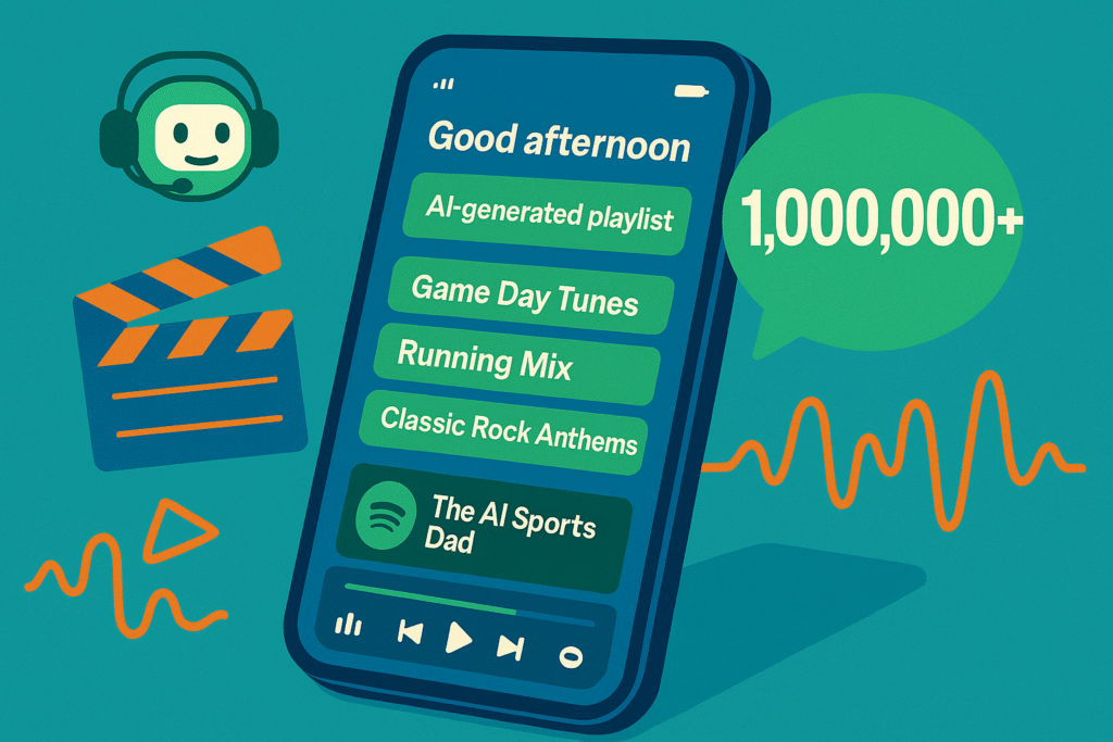 Illustration of a smartphone displaying an AI-powered Spotify-style playlist titled ‘The AI Sports Dad,’ with playlist options like Energy Boost and Focus Music. A green chat bubble shows ‘1,000,000+,’ alongside a smiling robot icon and colourful sound-wave graphics in AI Sports Green, Tech Blue, and Dad Orange.