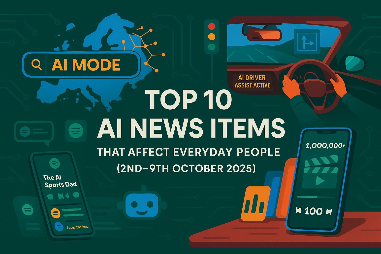 Feature image for The AI Sports Dad’s weekly AI news roundup, showing icons of AI Mode, driver assist, and music apps in brand colours green, blue, and orange