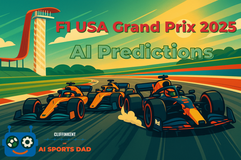 Cartoon of two McLaren cars leading a Red Bull at Austin’s COTA, sunset with iconic tower. 2025 United States Grand Prix