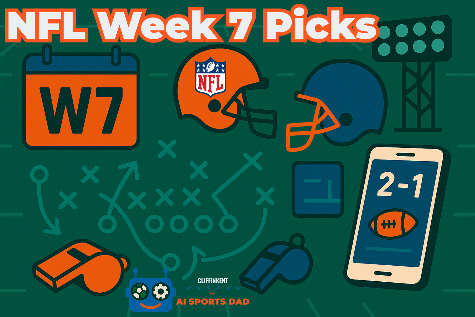 NFL Week 7 predictions 2025 hero image in AISD style: orange and blue helmets, Xs-and-Os play, whistle, smartphone showing 2-1 score, and stadium lights over a green gridiron.