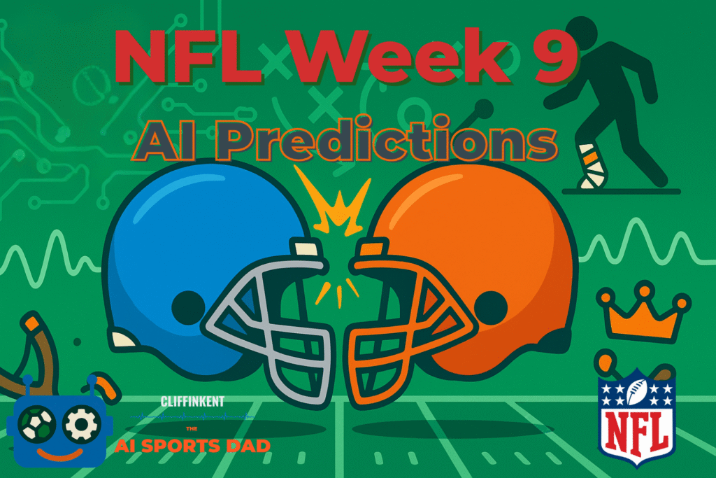 llustration of two football helmets facing off with the text 'NFL Week 9 AI Predictions,' a football field background, and The AI Sports Dad branding. Perfect for NFL Week 9 predictions article