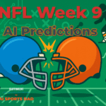 llustration of two football helmets facing off with the text 'NFL Week 9 AI Predictions,' a football field background, and The AI Sports Dad branding. Perfect for NFL Week 9 predictions article