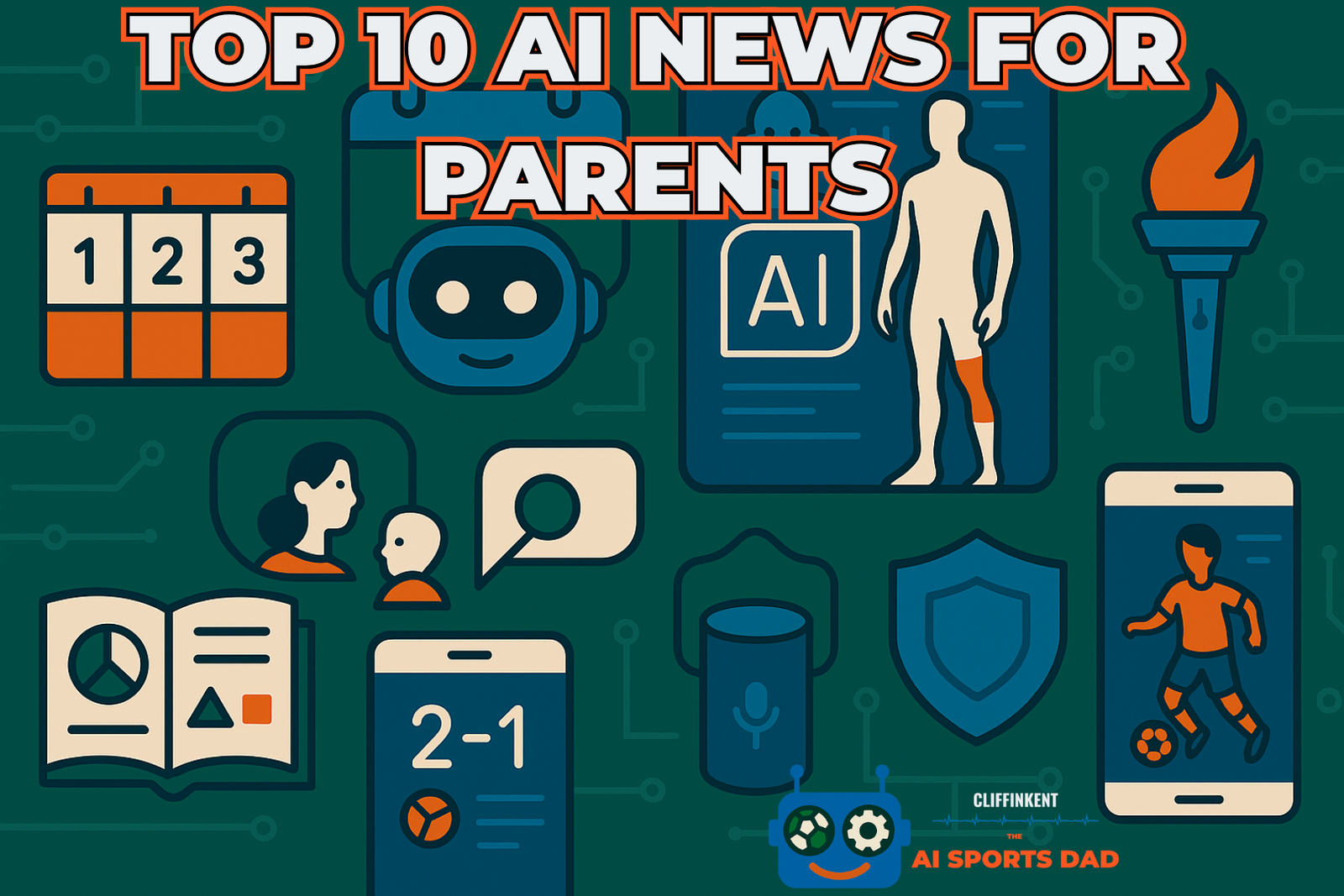 Flat cartoon grid of AI icons on dark green: robot, calendar, phone, shield, torch, smart speaker. AI News for parents
