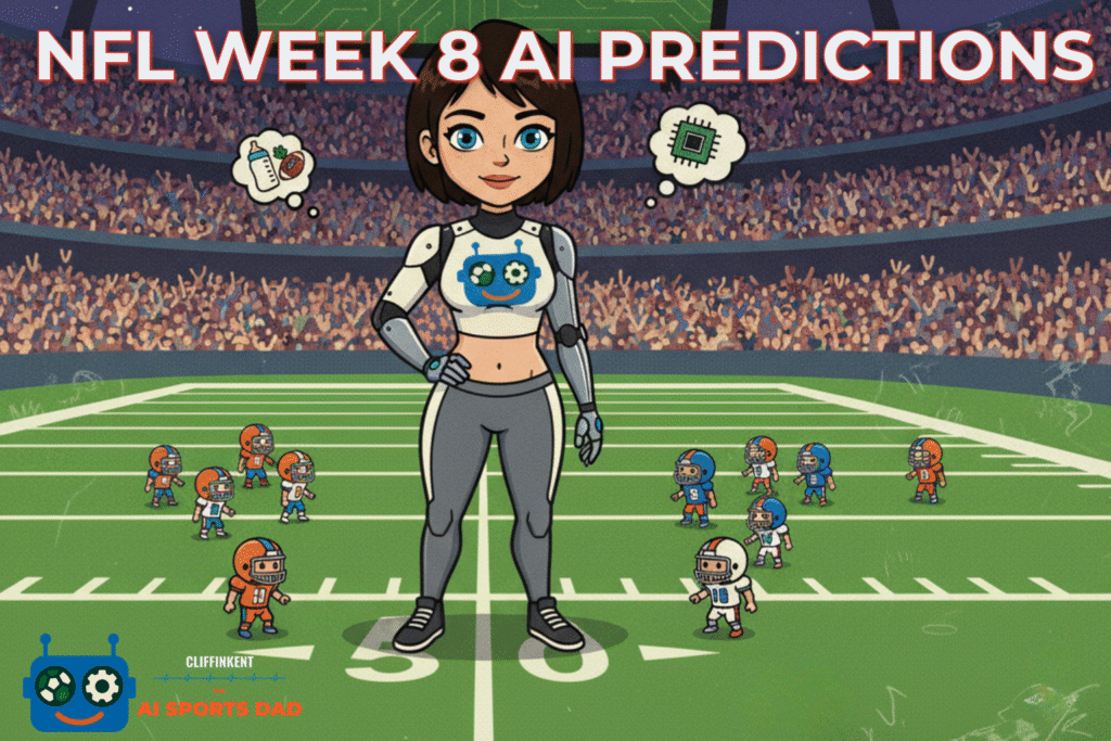 Cartoon AI robot woman stands on a football field surrounded by mini NFL players, with a stadium crowd in the background and “NFL Week 8 AI Predictions” in bold red text above.