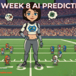 Cartoon AI robot woman stands on a football field surrounded by mini NFL players, with a stadium crowd in the background and “NFL Week 8 AI Predictions” in bold red text above.