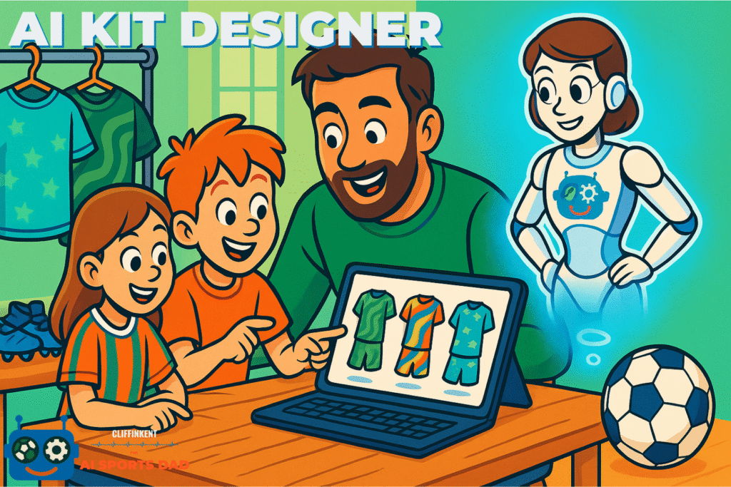 AI robot and smiling dad with two kids designing custom football kits on a laptop, cartoon style, family activity, AI Football Kit Designer.