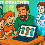 AI robot and smiling dad with two kids designing custom football kits on a laptop, cartoon style, family activity, AI Football Kit Designer.