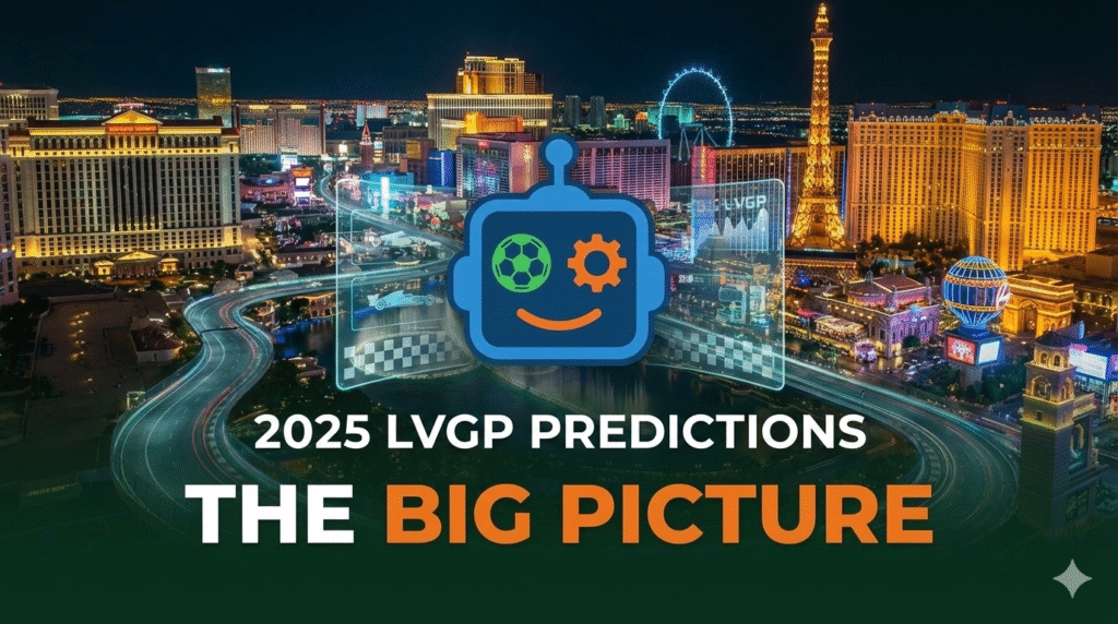 2025 Las Vegas Grand Prix predictions graphic showing The AI Sports Dad robot logo over the Las Vegas Strip at night with the text ‘2025 LVGP Predictions – The Big Picture