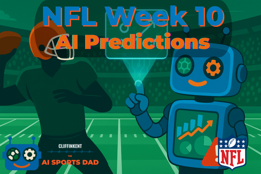 NFL Week 10 AI predictions chart showing game picks, upset alerts, and data-driven analysis for busy parents and sports fans.