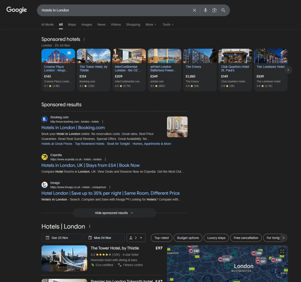 A Google search page showing a whole page of sponsored results. 