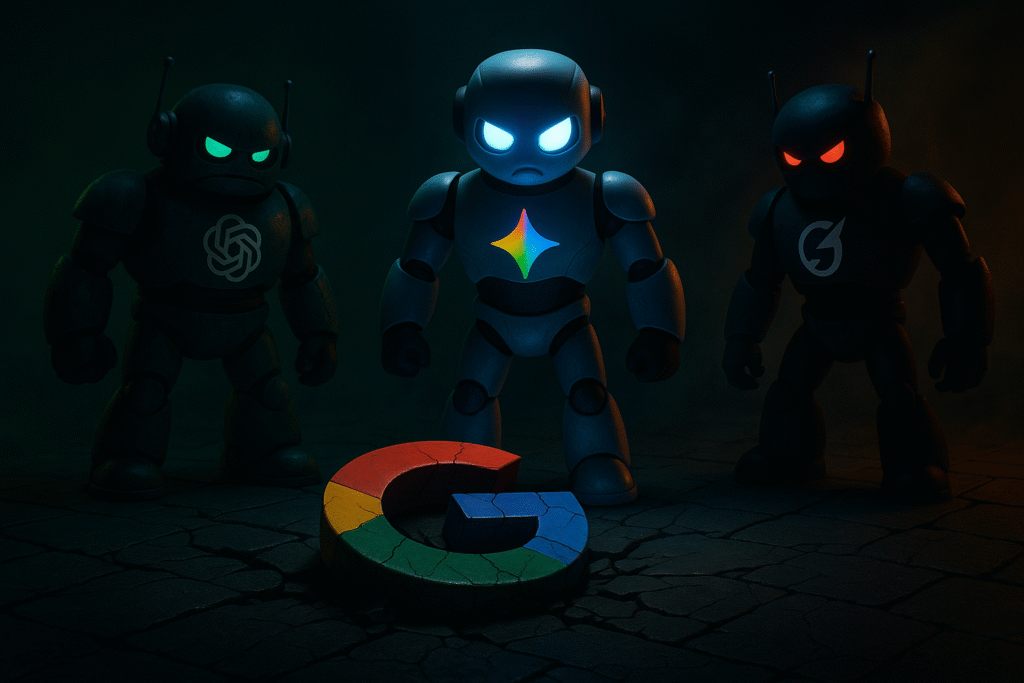 Menacing Pixar-style robots—OpenAI, Gemini, and Grok—stand over a cracked Google logo, symbolising the future of search engines and Google’s decline