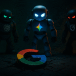 Menacing Pixar-style robots—OpenAI, Gemini, and Grok—stand over a cracked Google logo, symbolising the future of search engines and Google’s decline