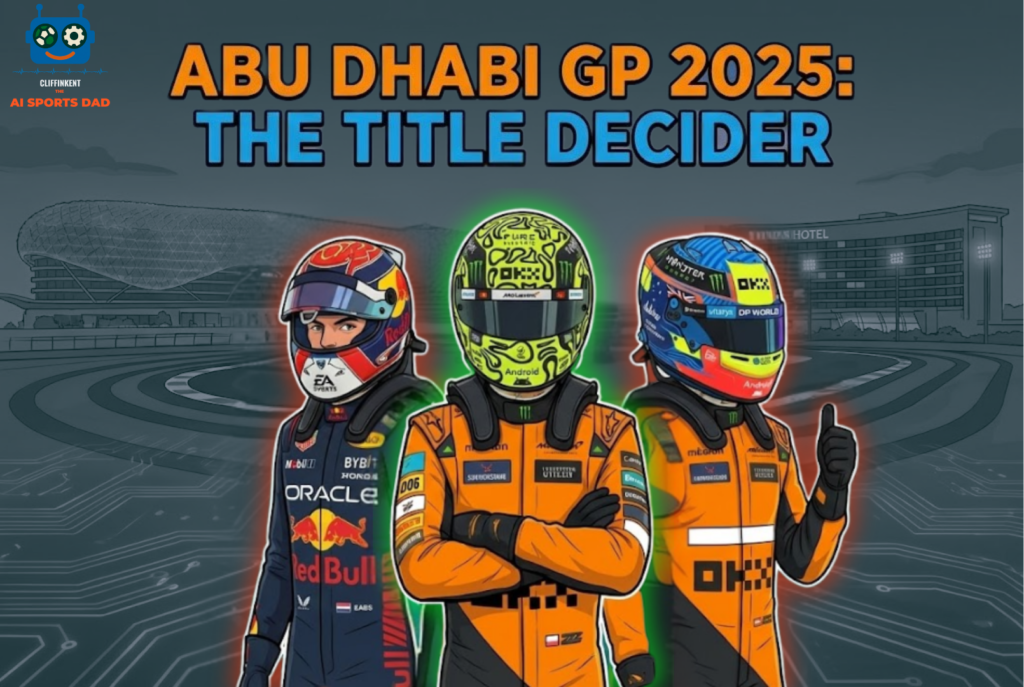Cartoon-style illustration of F1 drivers Max Verstappen (Red Bull), Lando Norris and Oscar Piastri (both McLaren) in racing suits and helmets, standing in front of Abu Dhabi’s Yas Marina Circuit with the headline ‘Abu Dhabi GP 2025: The Title Decider’ – AI Sports Dad branding in the corner