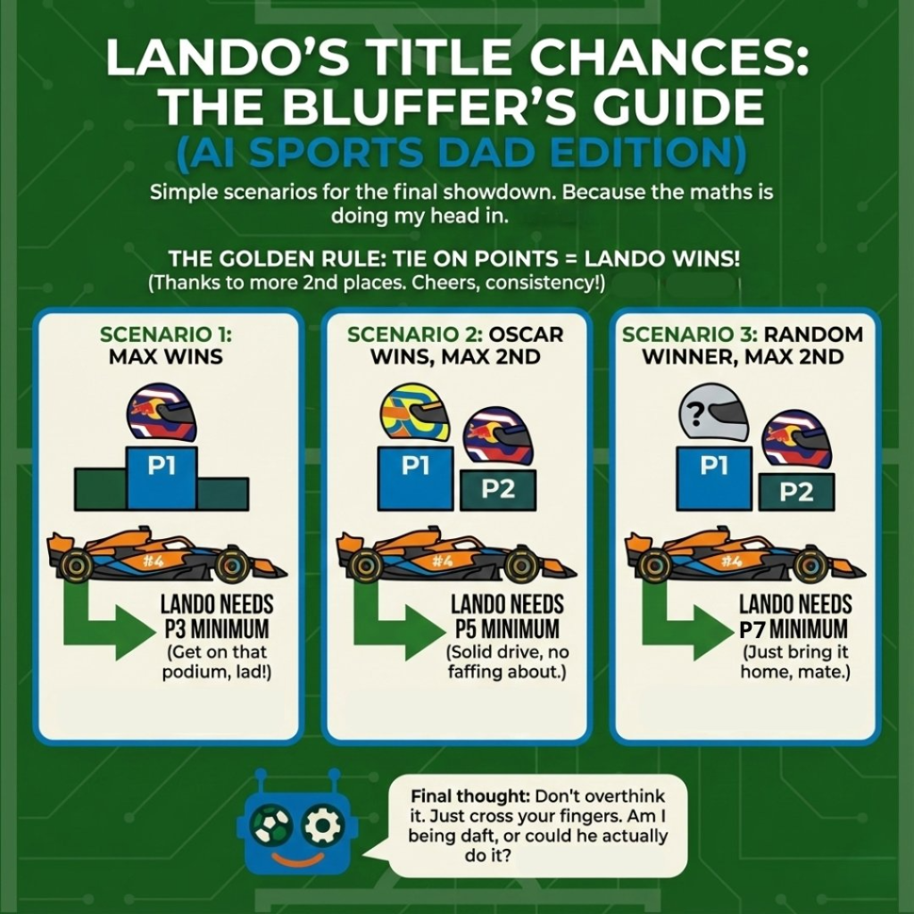 Infographic titled ‘Lando’s Title Chances: The Bluffer’s Guide (AI Sports Dad Edition)’ showing three scenarios for Lando Norris to win the 2025 F1 championship at Abu Dhabi: 1) If Max Verstappen wins, Lando needs at least P3; 2) If Oscar Piastri wins and Max is second, Lando needs at least P5; 3) If there’s a random winner and Max is second, Lando needs at least P7. Includes cartoon McLaren cars, driver helmets, and a final thought from the AI Sports Dad mascot