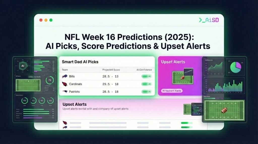 NFL Week 16 predictions 2025 graphic showing AI picks, projected scores, confidence levels, and upset alerts.