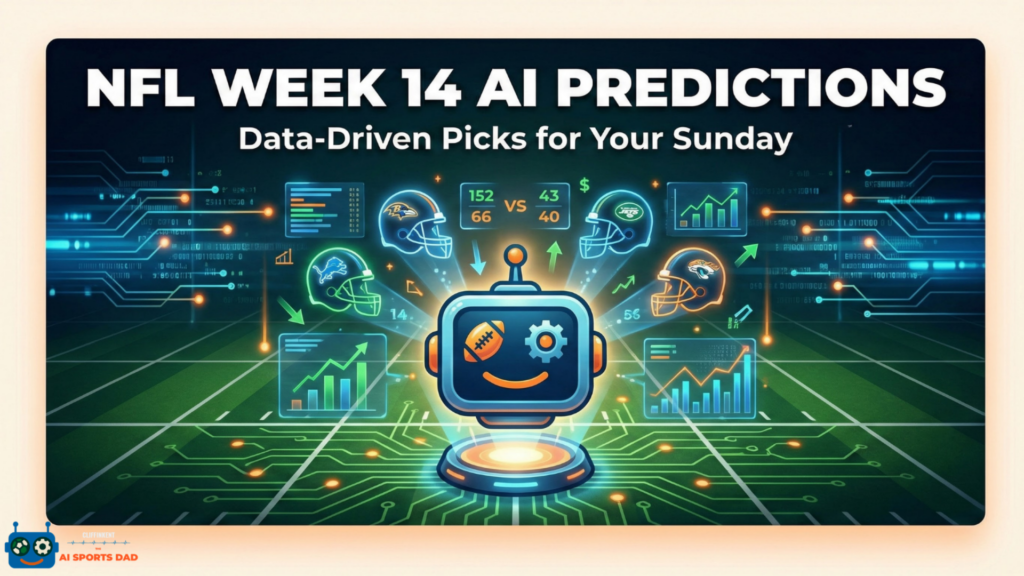 NFL Week 14 AI Predictions graphic showing a smiling robot with football and gear icons, surrounded by NFL helmets, data charts, and digital stats, highlighting data-driven picks for Sunday games.