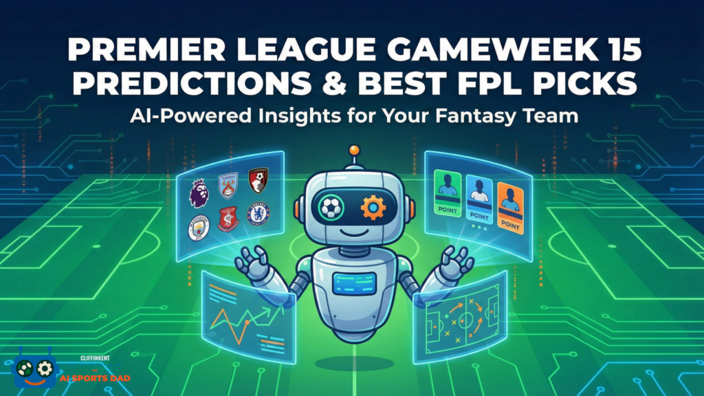AI robot presenting Premier League Gameweek 15 predictions and top FPL picks, with team logos, player points, and data charts, for The AI Sports Dad’s fantasy football insights.