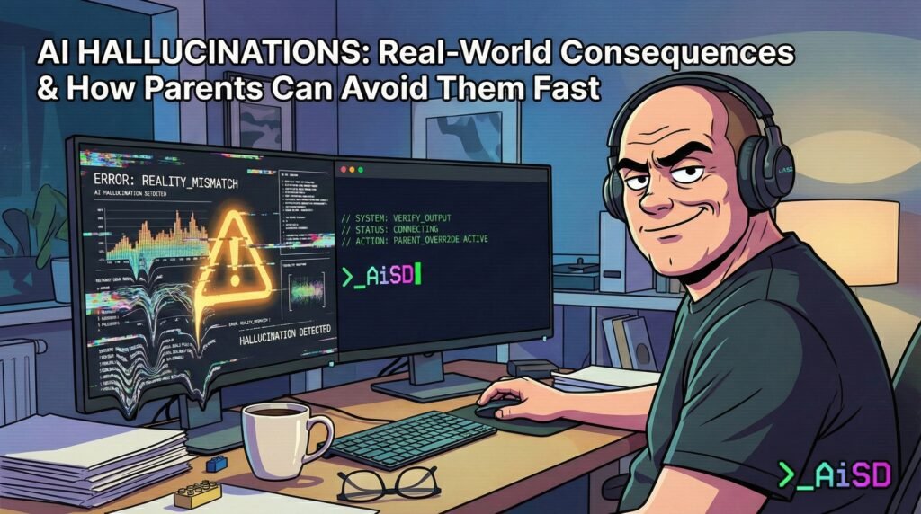 Stressed parent reviewing a family calendar on a laptop, highlighting the risks of AI-generated mistakes in daily routines