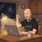 Dad celebrates late-night app win at kitchen table, wearing AiSD shirt, laptop open, coffee mug in hand—real-life parenting meets smart tech.