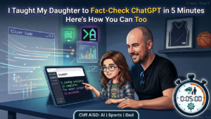 Father and daughter using a tablet to learn how to fact-check ChatGPT answers together, with a stopwatch showing 5 minutes and digital charts in the background. Image for the article “I Taught My Daughter to Fact-Check ChatGPT in 5 Minutes—Here’s How You Can Too” from Cliff AiSD.